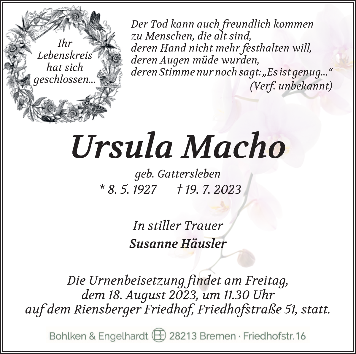 Traueranzeige von Ursula Macho von WESER-KURIER