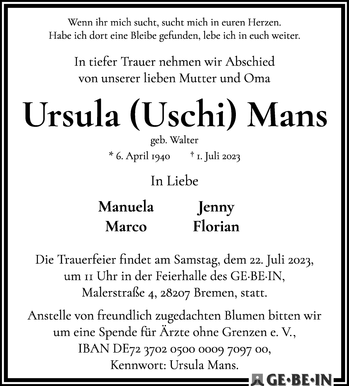 Traueranzeige von Ursula Mans von WESER-KURIER