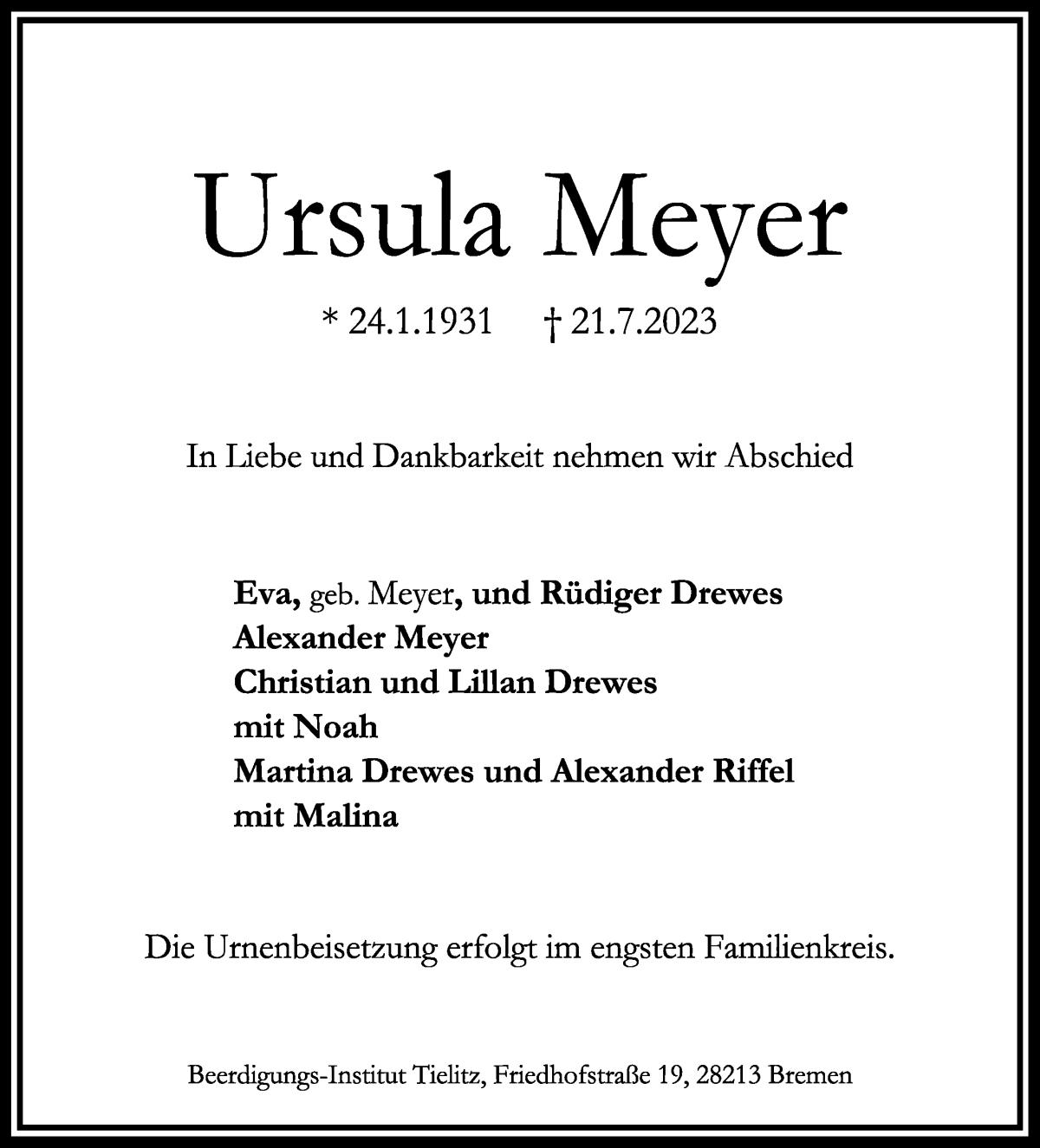 Traueranzeige von Ursula Meyer von WESER-KURIER