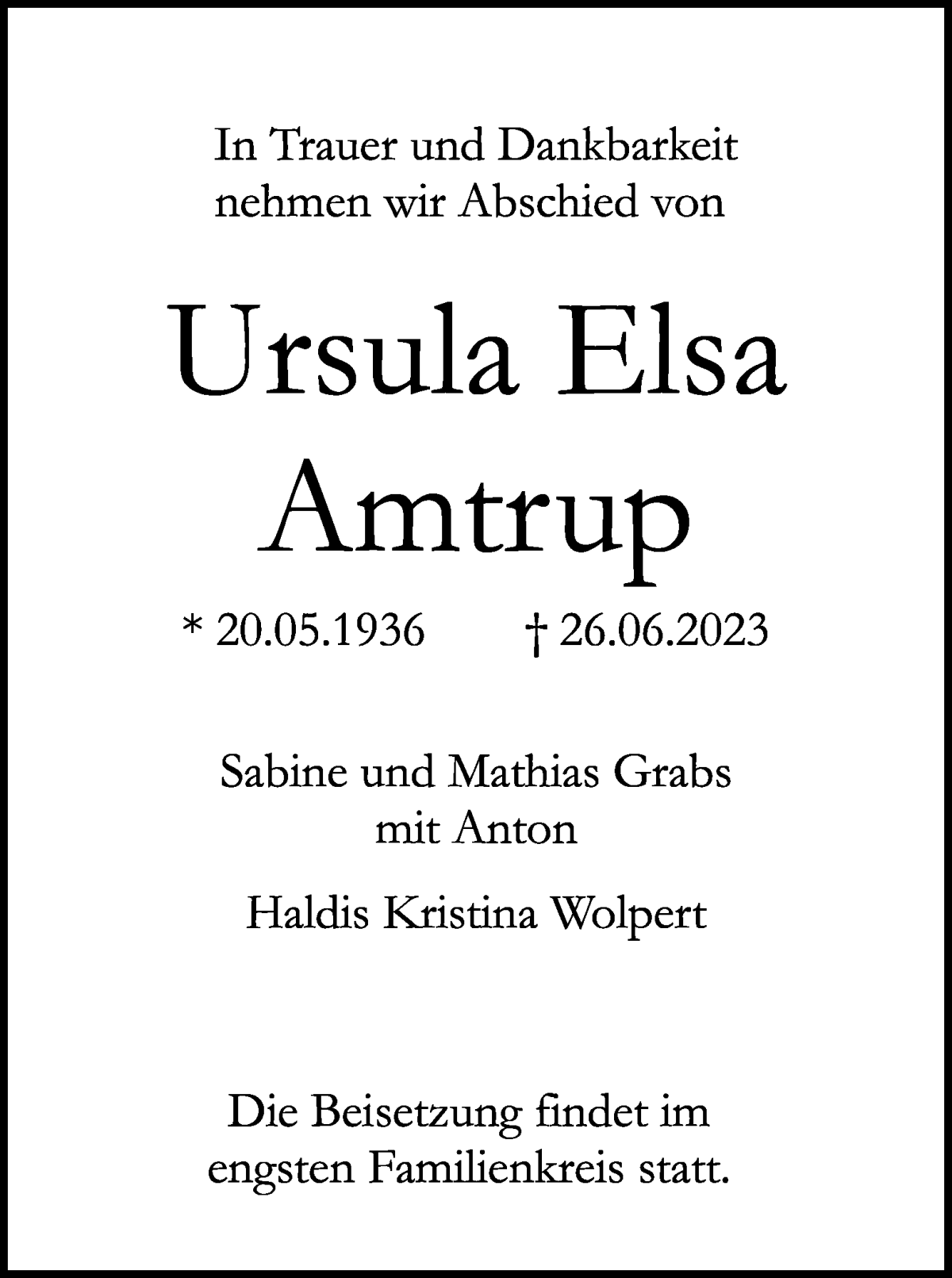 Traueranzeige von Ursula Elsa Amtrup von WESER-KURIER