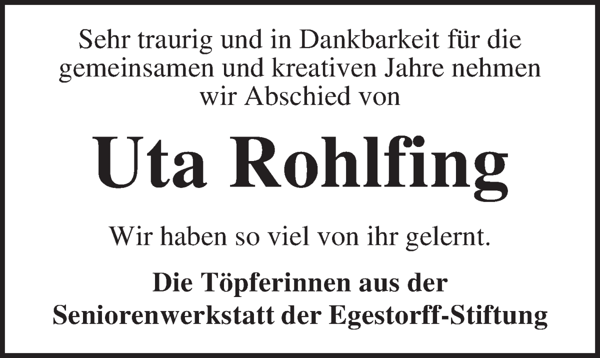 Traueranzeige von Uta Rohlfing von WESER-KURIER