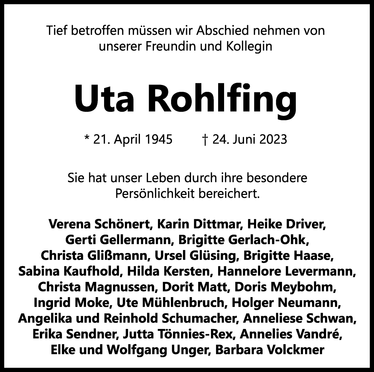 Traueranzeige von Uta Rohlfing von WESER-KURIER