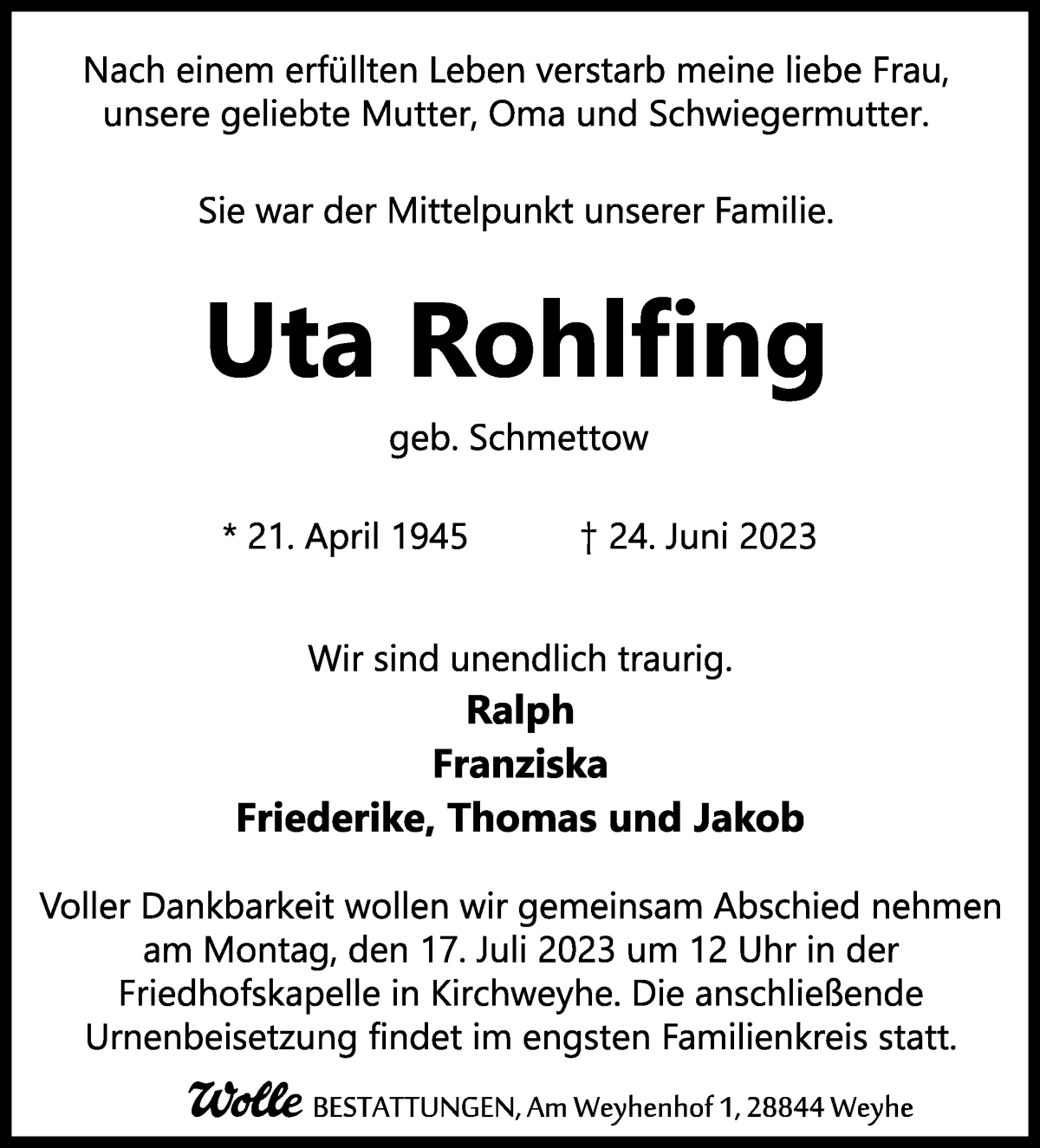Traueranzeige von Uta Rohlfing von WESER-KURIER