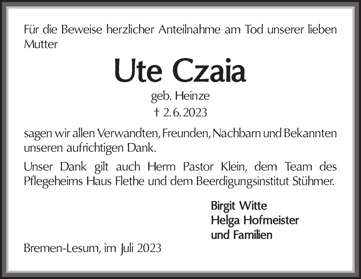Traueranzeige von Ute Czaia von Die Norddeutsche