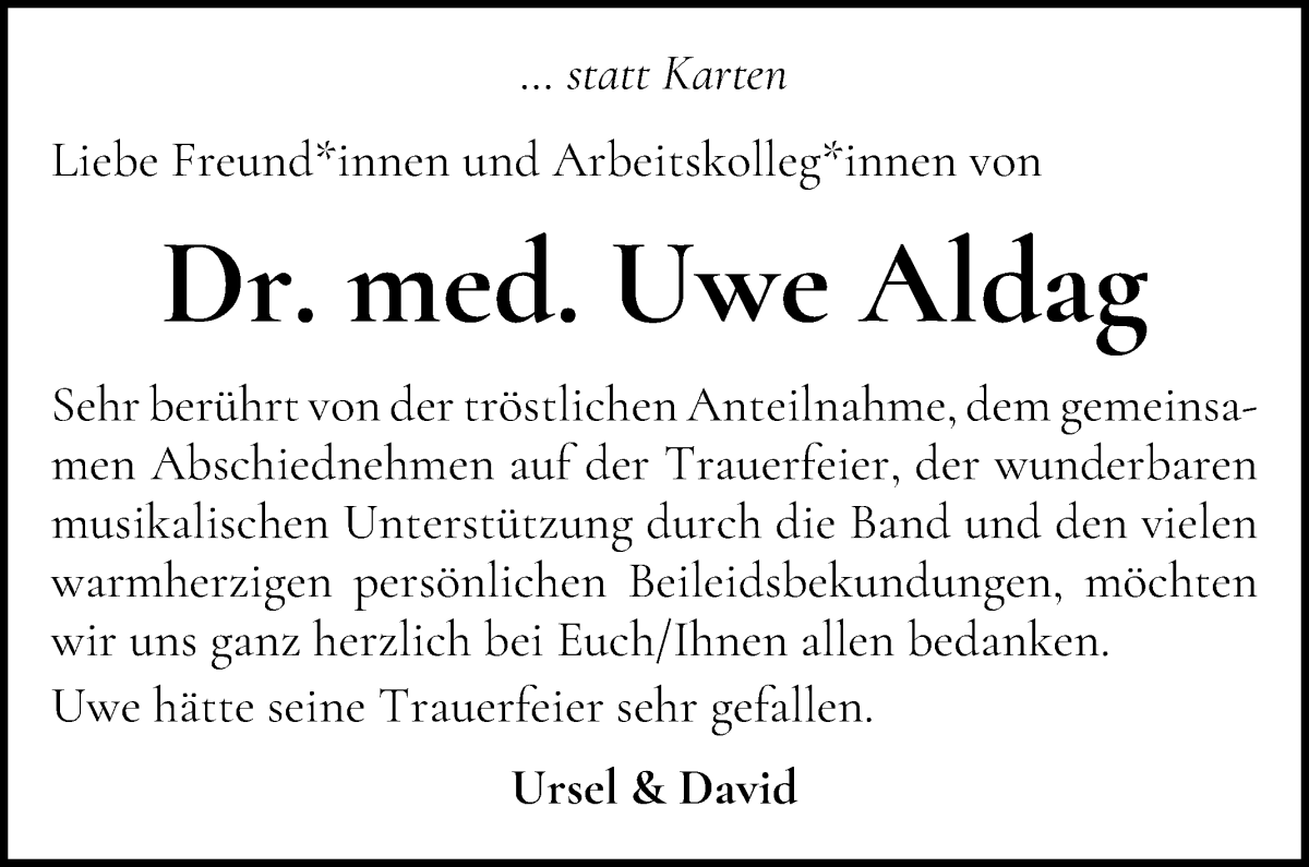Traueranzeige von Uwe Aldag von WESER-KURIER