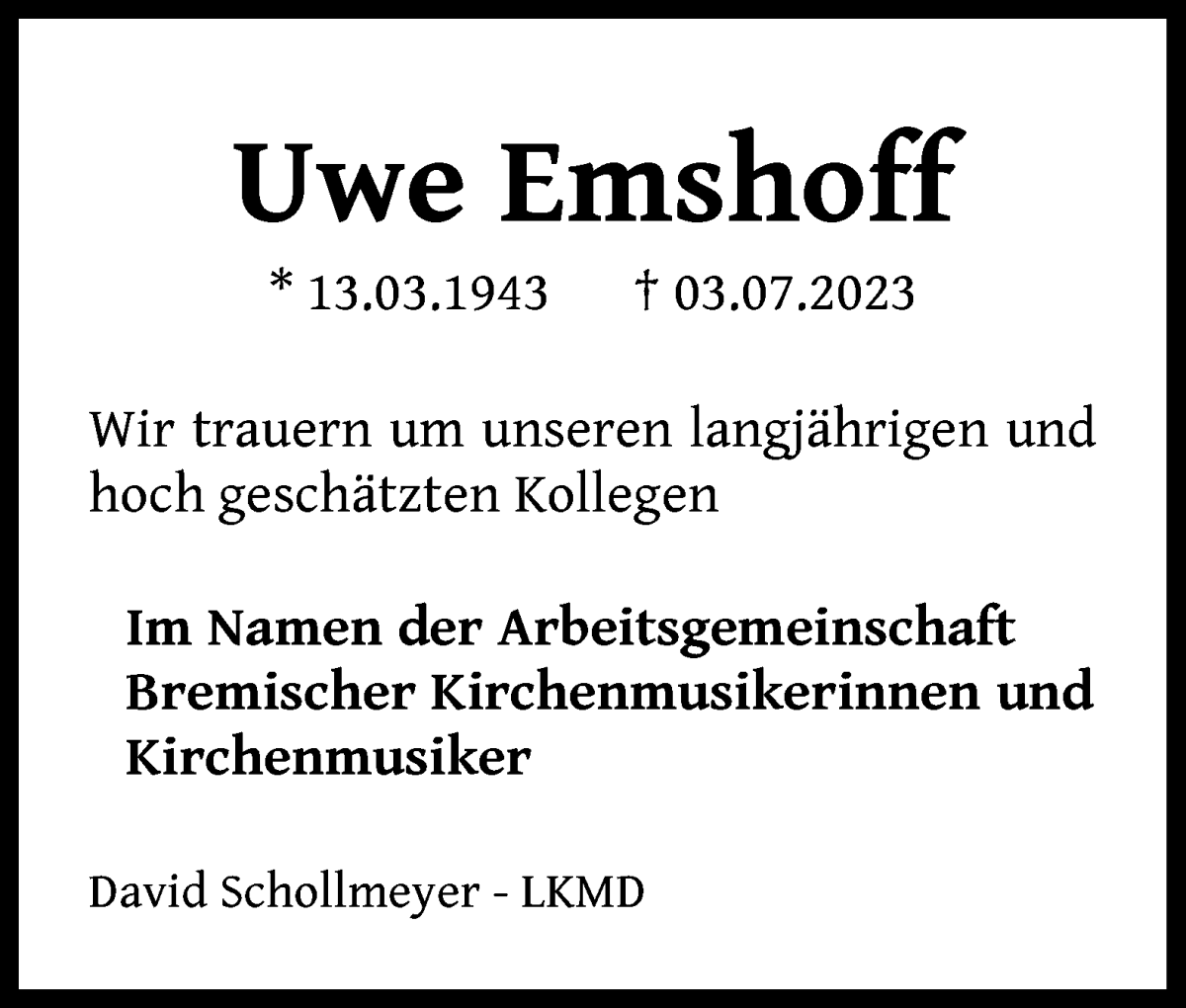 Traueranzeige von Uwe Emshoff von WESER-KURIER