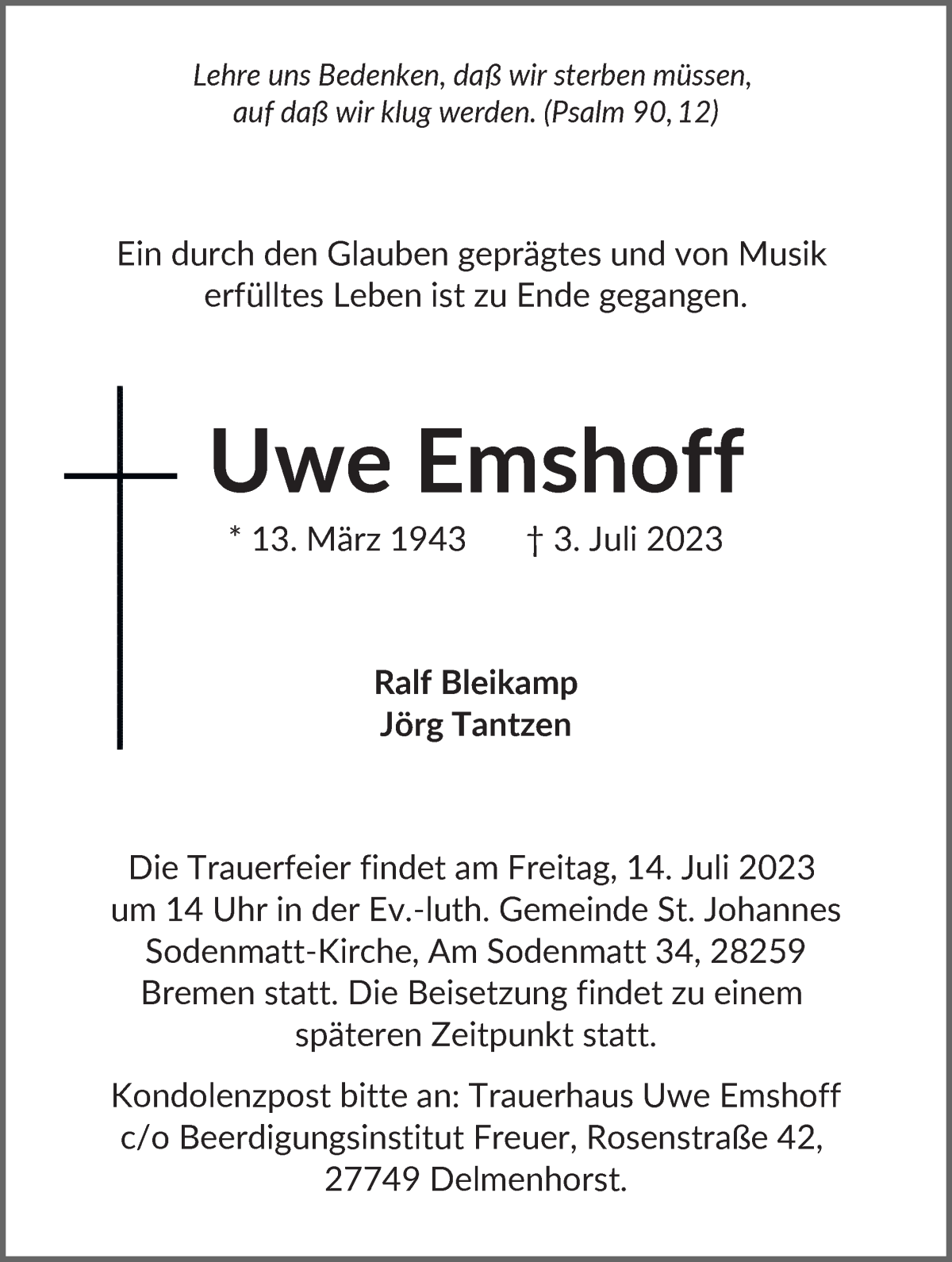 Traueranzeige von Uwe Emshoff von WESER-KURIER