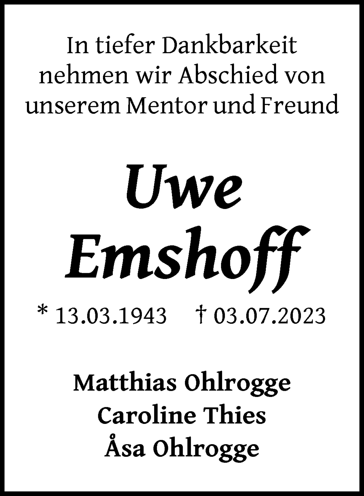 Traueranzeige von Uwe Emshoff von WESER-KURIER