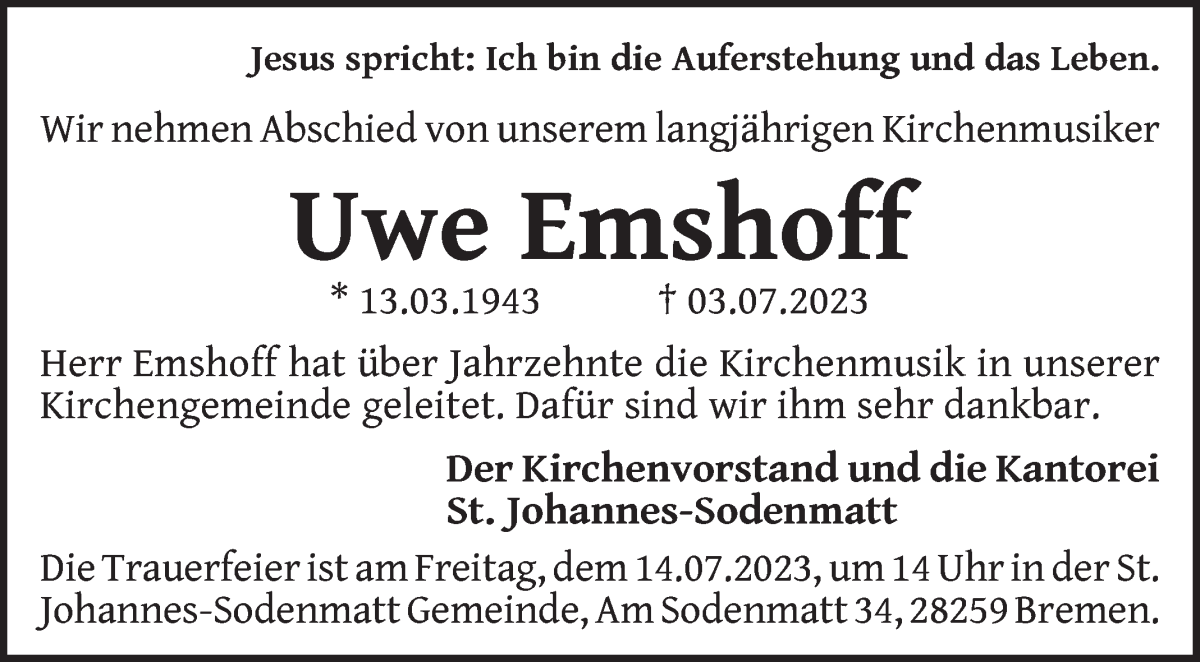 Traueranzeige von Uwe Emshoff von WESER-KURIER