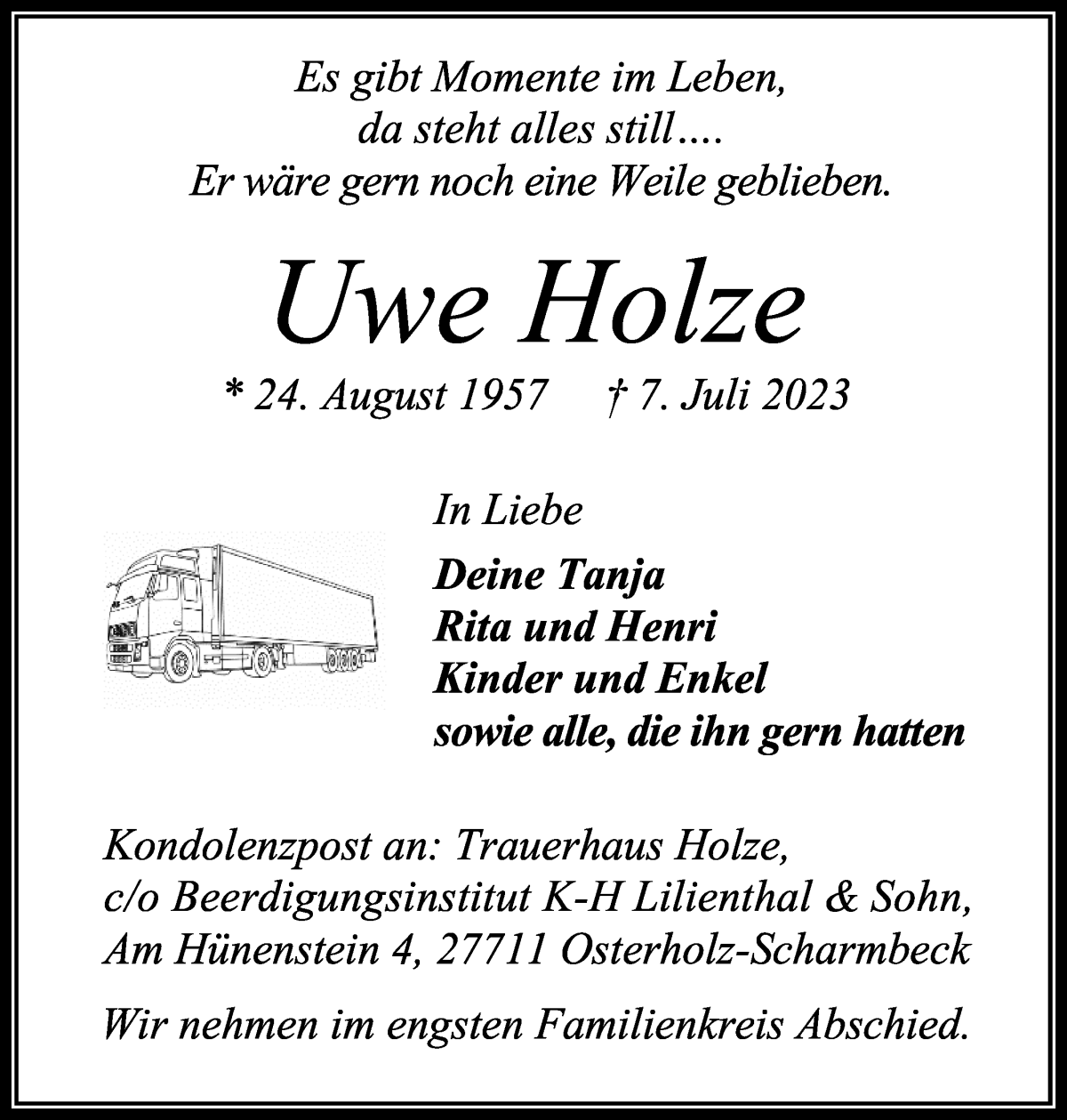 Traueranzeige von Uwe Holze von Osterholzer Kreisblatt