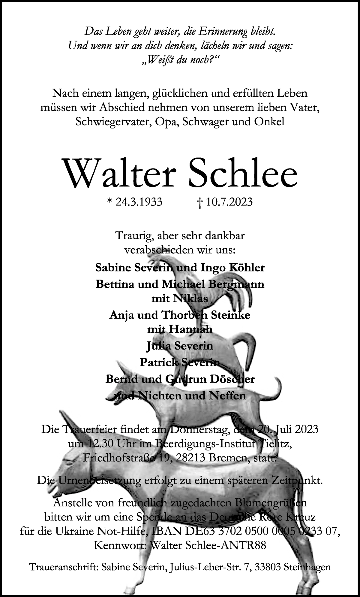 Traueranzeige von Walter Schlee von WESER-KURIER