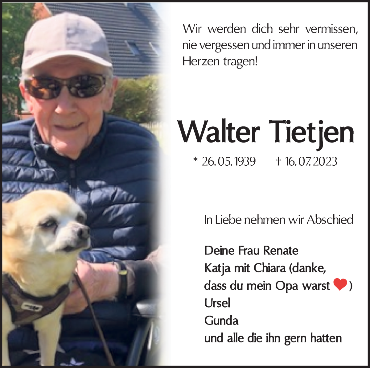 Traueranzeige von Walter Tietjen von Wuemme Zeitung