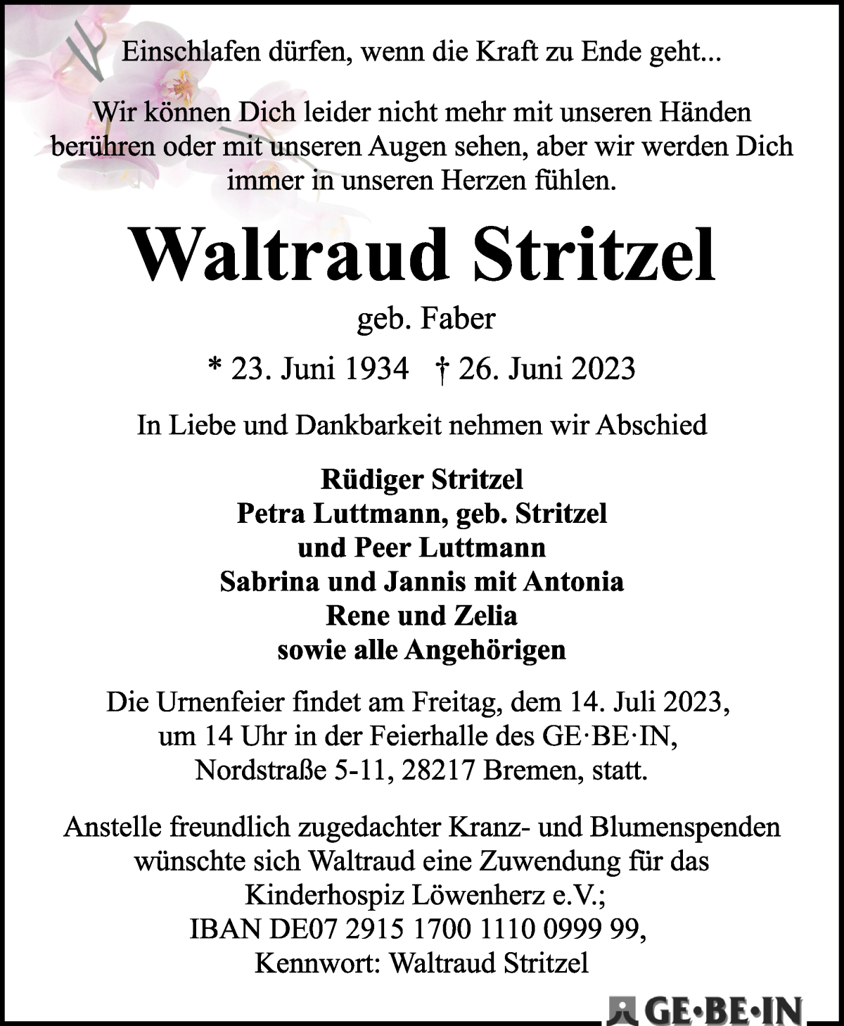 Traueranzeige von Waltraud Stritzel von WESER-KURIER