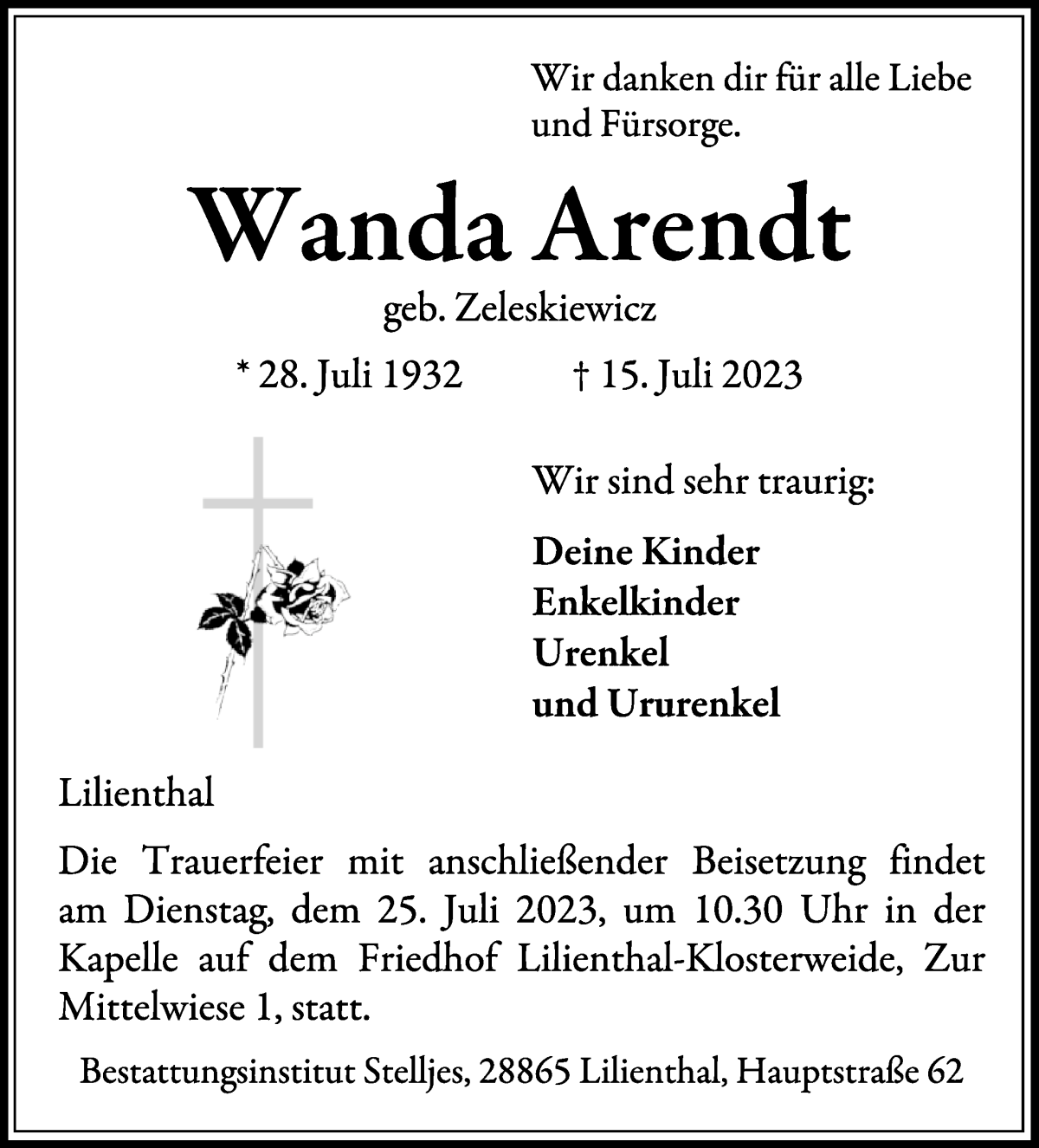 Traueranzeige von Wanda Arendt von Wuemme Zeitung