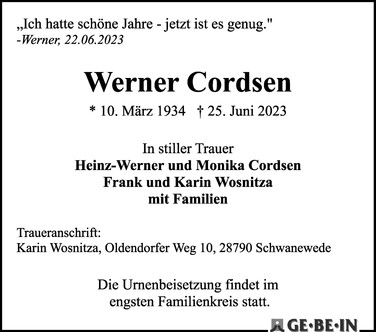 Traueranzeige von Werner Cordsen von WESER-KURIER