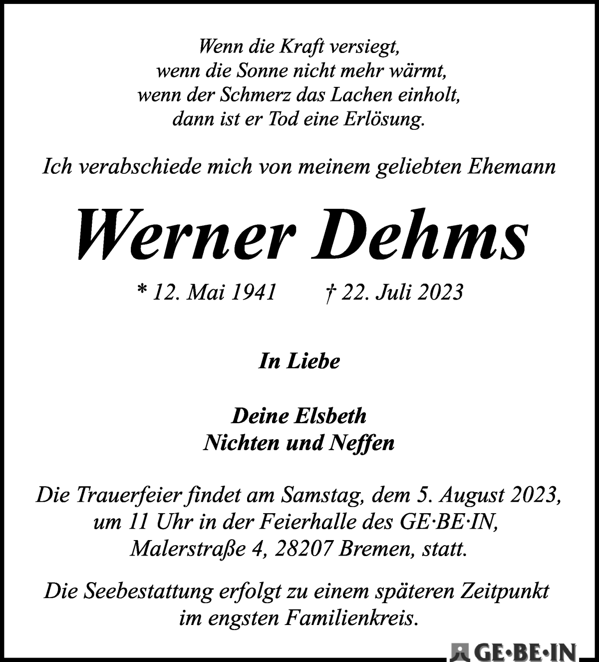 Traueranzeige von Werner Dehms von WESER-KURIER