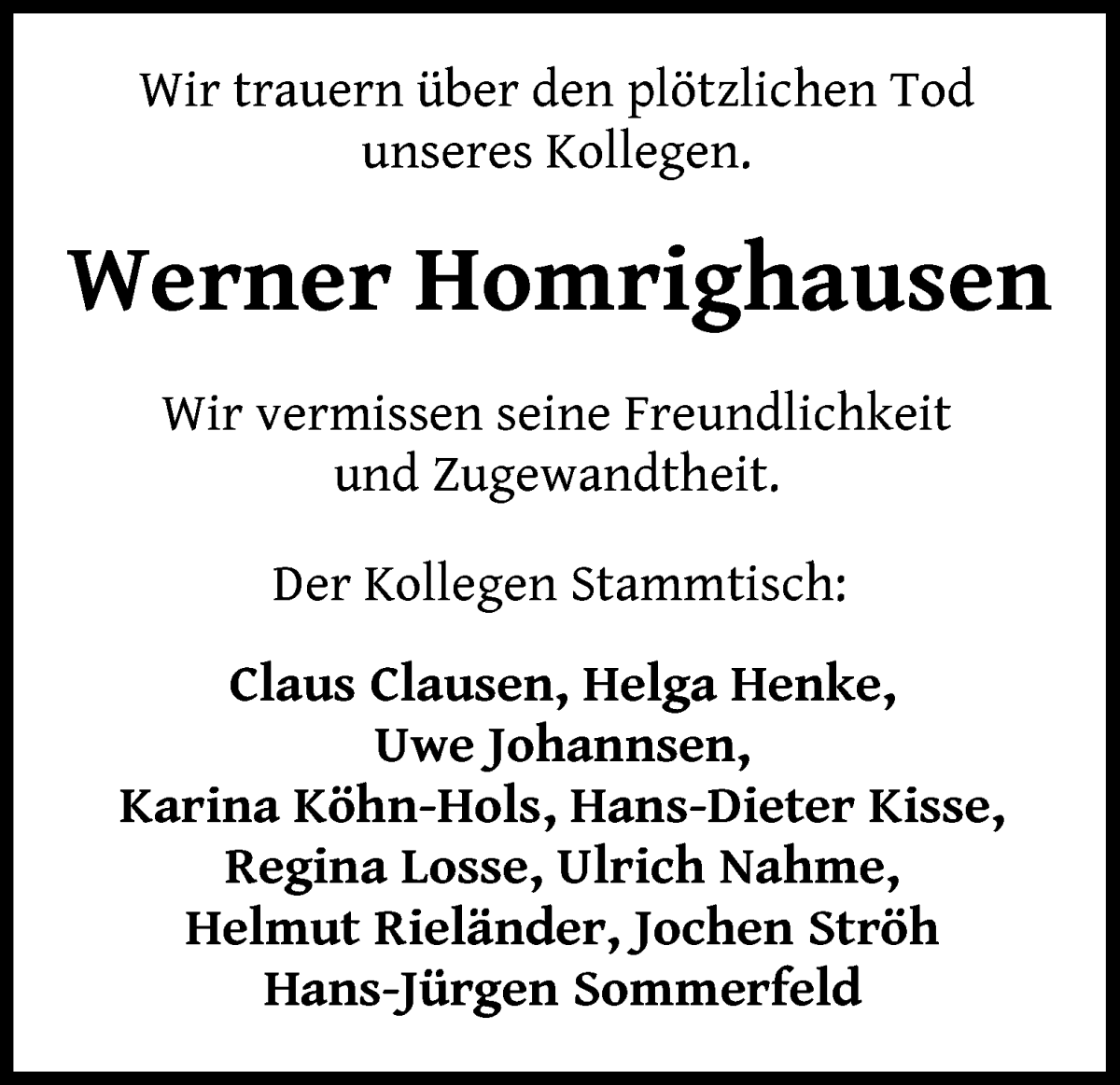 Traueranzeige von Werner Homrighausen von WESER-KURIER