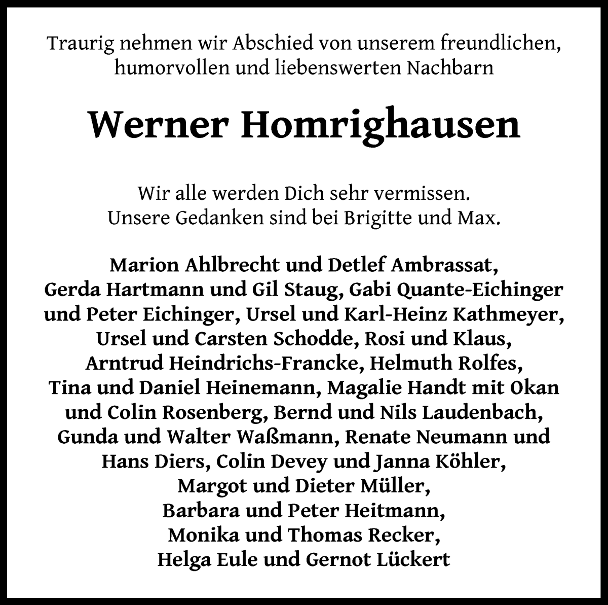 Traueranzeige von Werner Homrighausen von WESER-KURIER
