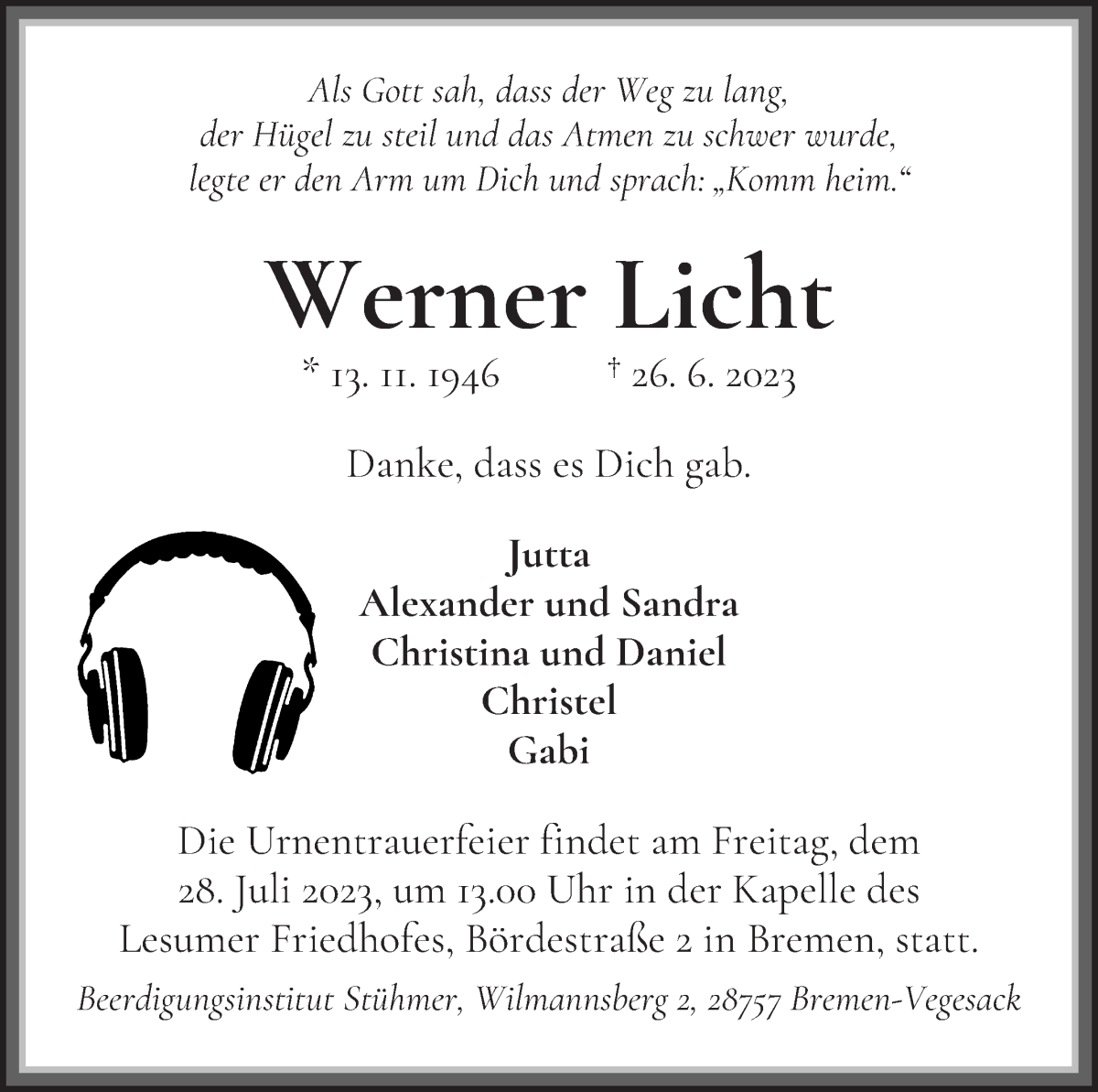 Traueranzeige von Werner Licht von Die Norddeutsche