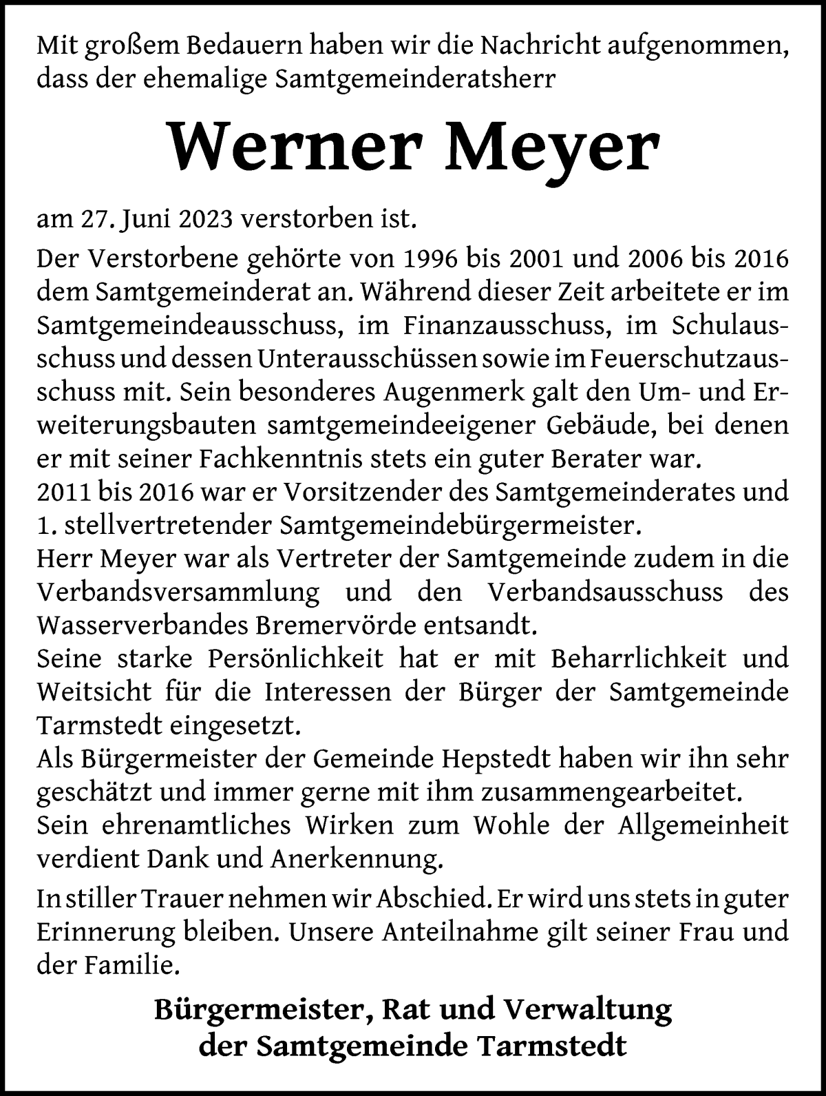 Traueranzeige von Werner Meyer von Wuemme Zeitung