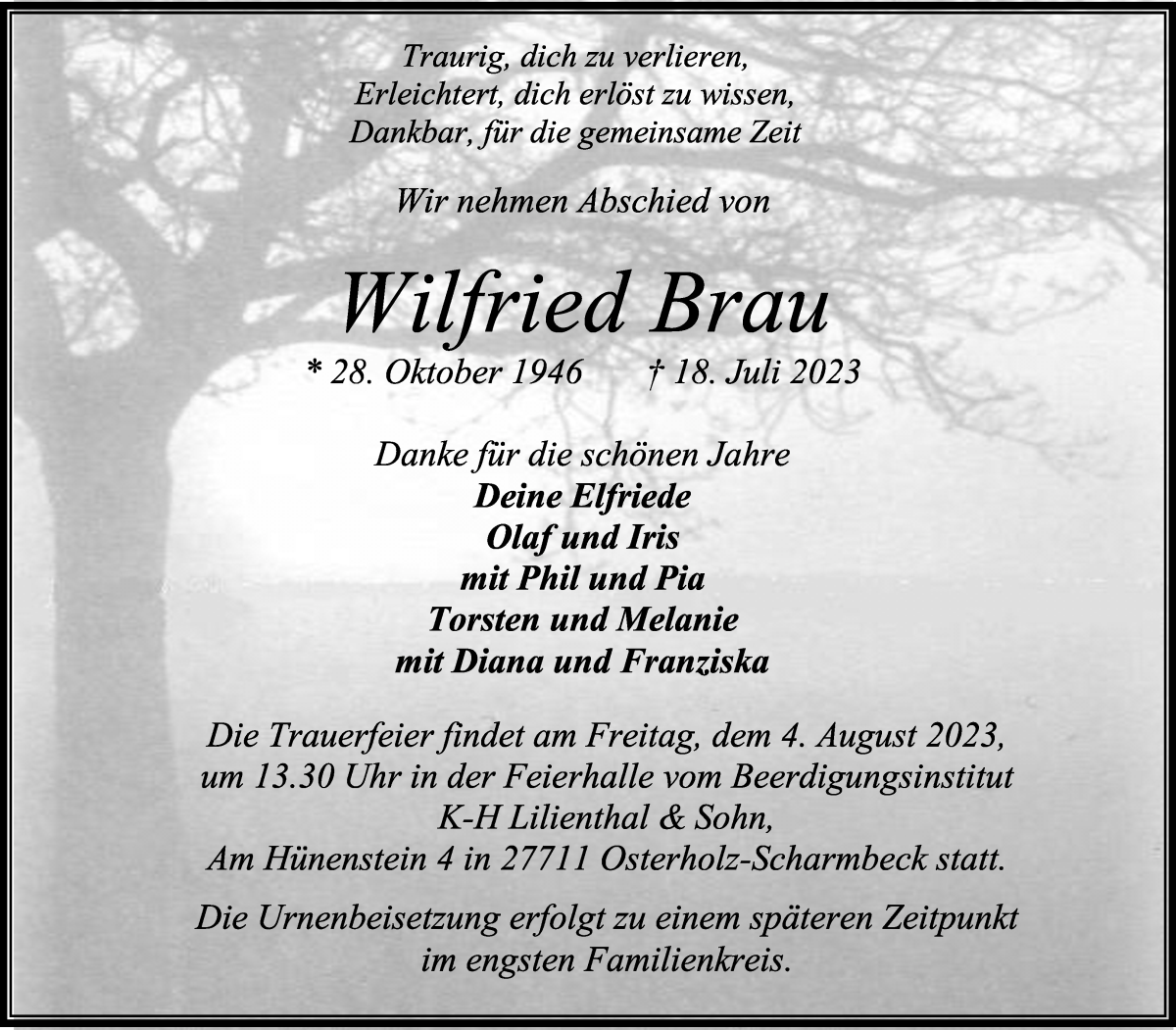 Traueranzeige von Wilfried Brau von Osterholzer Kreisblatt