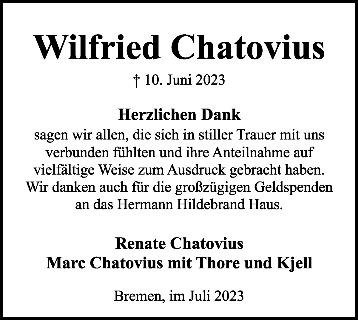 Traueranzeige von Wilfried Chatovius von WESER-KURIER