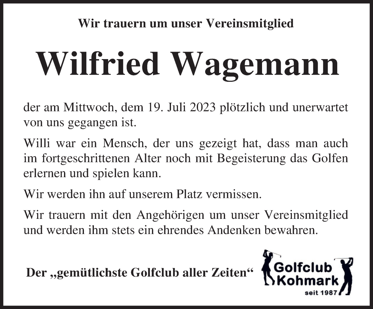 Traueranzeige von Wilfried Wagemann von Osterholzer Kreisblatt