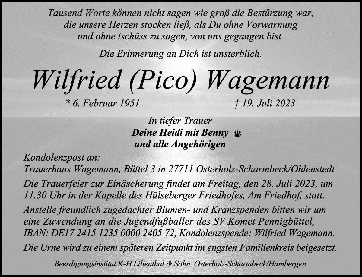 Traueranzeige von Wilfried Wagemann von Osterholzer Kreisblatt