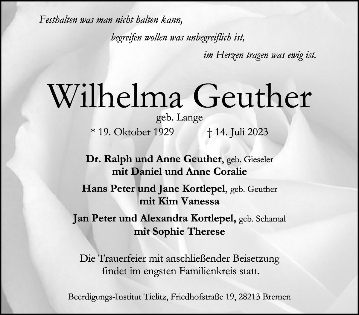 Traueranzeige von Wilhelma Geuther von WESER-KURIER