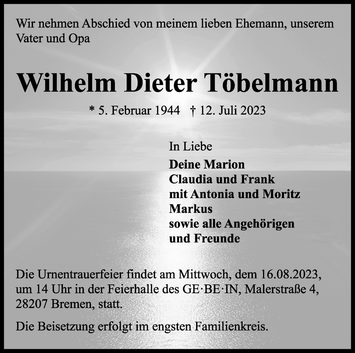 Traueranzeige von Wilhelm Dieter Töbelmann von WESER-KURIER