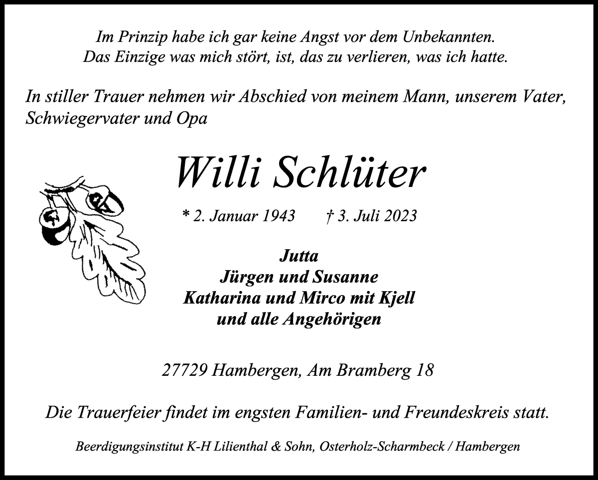 Traueranzeige von Willi Schlüter von Osterholzer Kreisblatt