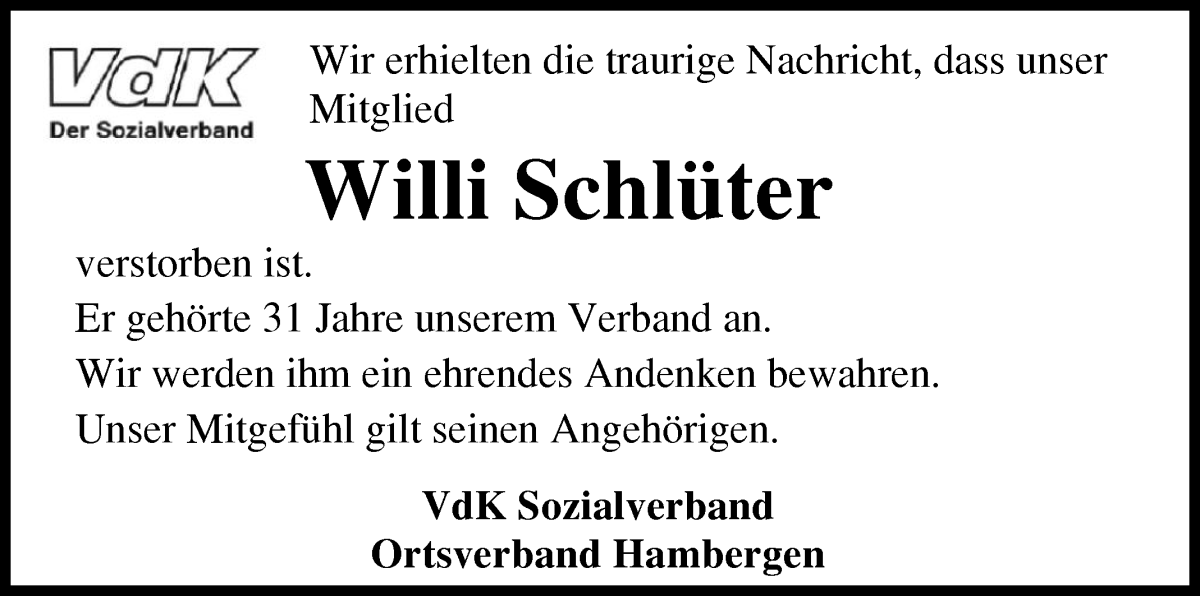 Traueranzeige von Willi Schlüter von Osterholzer Kreisblatt