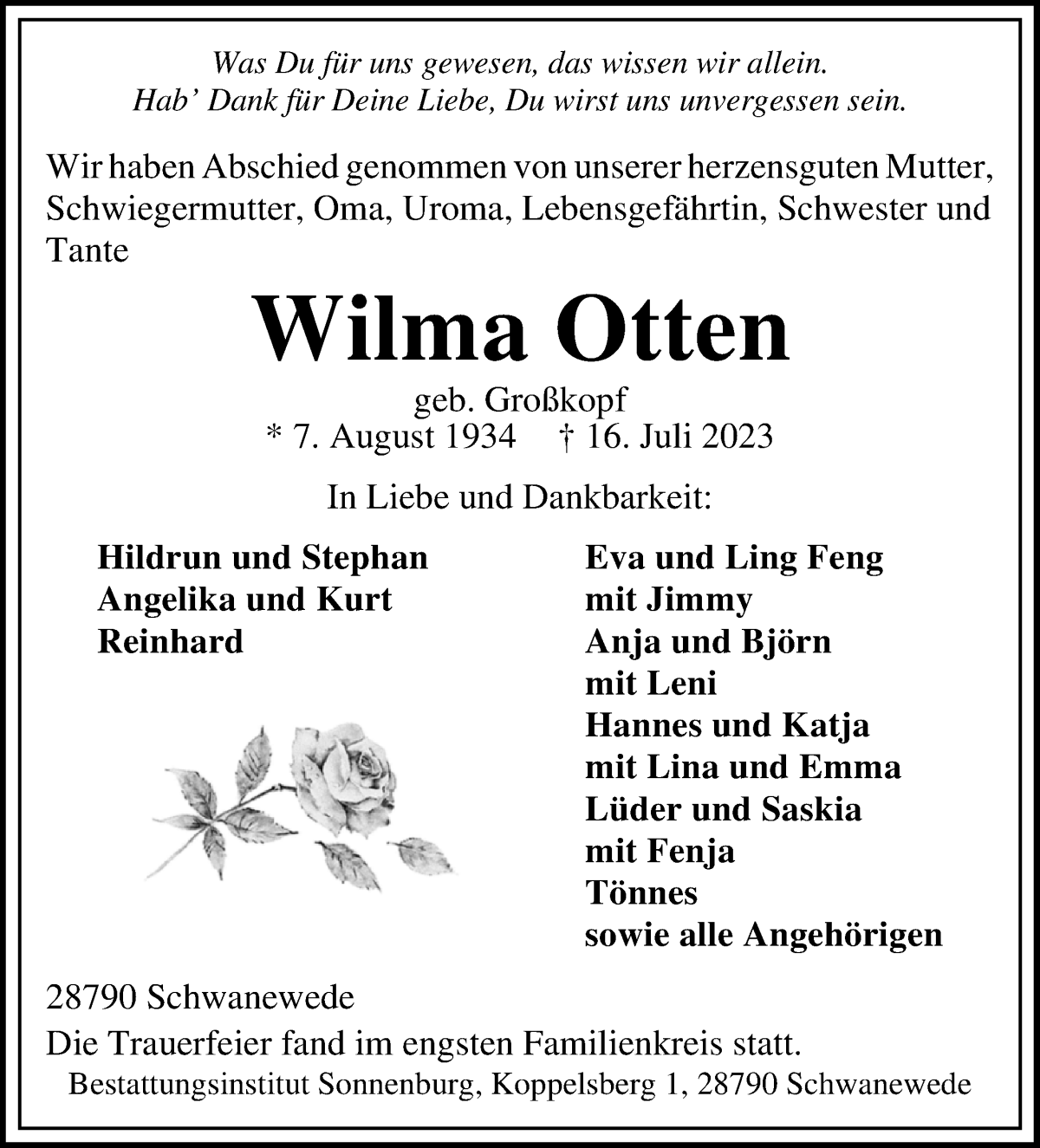 Traueranzeige von Wilma Otten von Die Norddeutsche