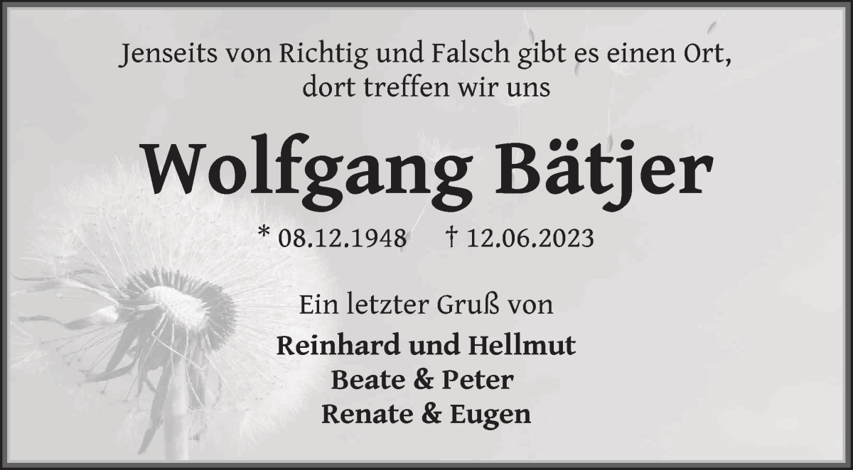 Traueranzeige von Wolfgang Bätjer von WESER-KURIER