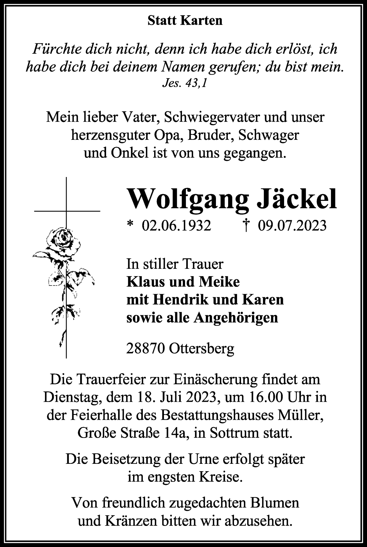 Traueranzeige von Wolfgang Jäckel von WESER-KURIER