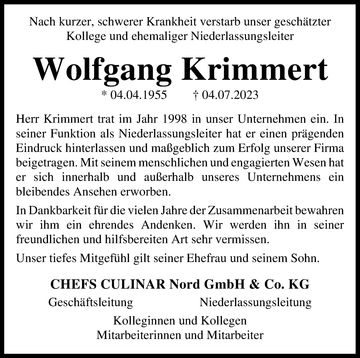 Traueranzeige von Wolfgang Krimmert von WESER-KURIER