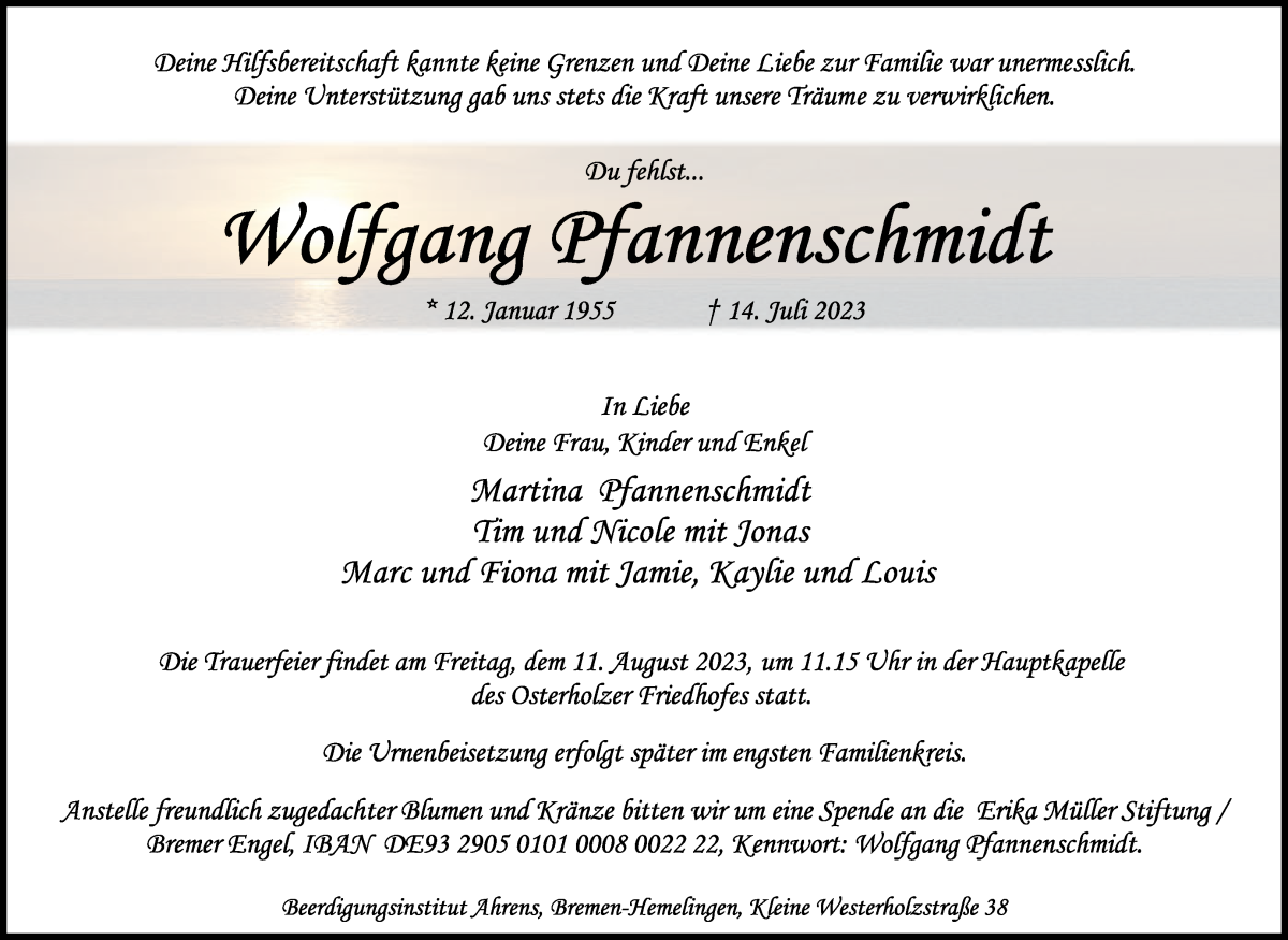 Traueranzeige von Wolfgang Pfannenschmidt von WESER-KURIER