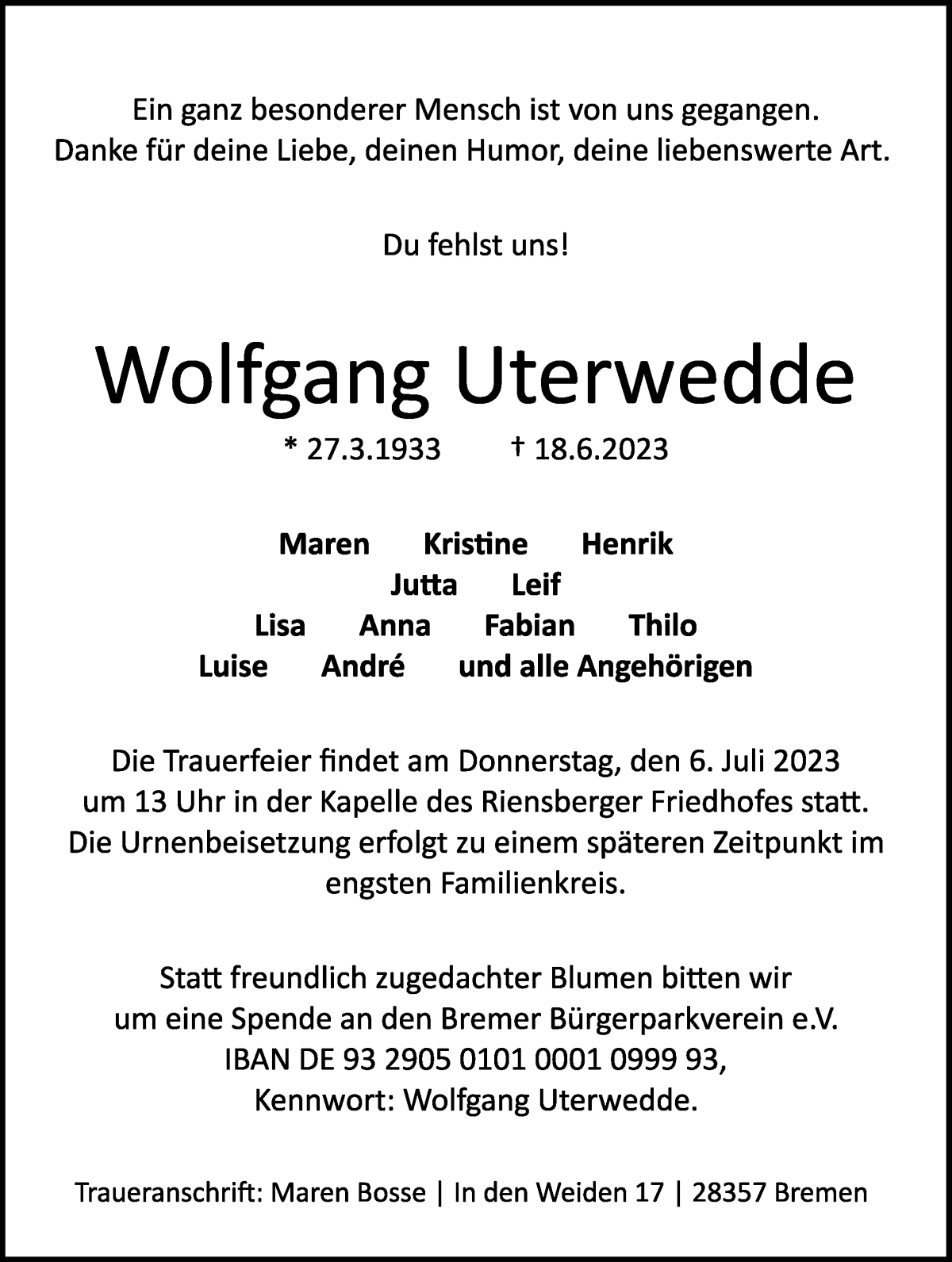 Traueranzeige von Wolfgang Uterwedde von WESER-KURIER