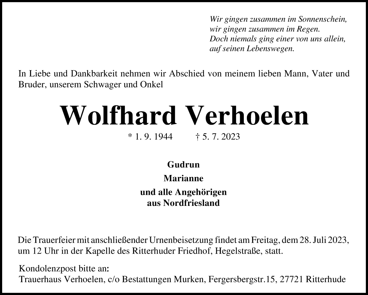 Traueranzeige von Wolfhard Verhoelen von Osterholzer Kreisblatt