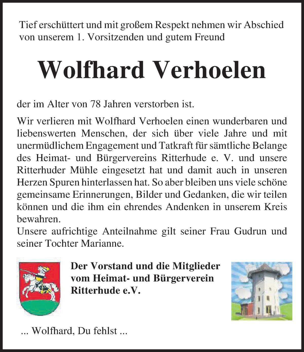 Traueranzeige von Wolfhard Verhoelen von Osterholzer Kreisblatt