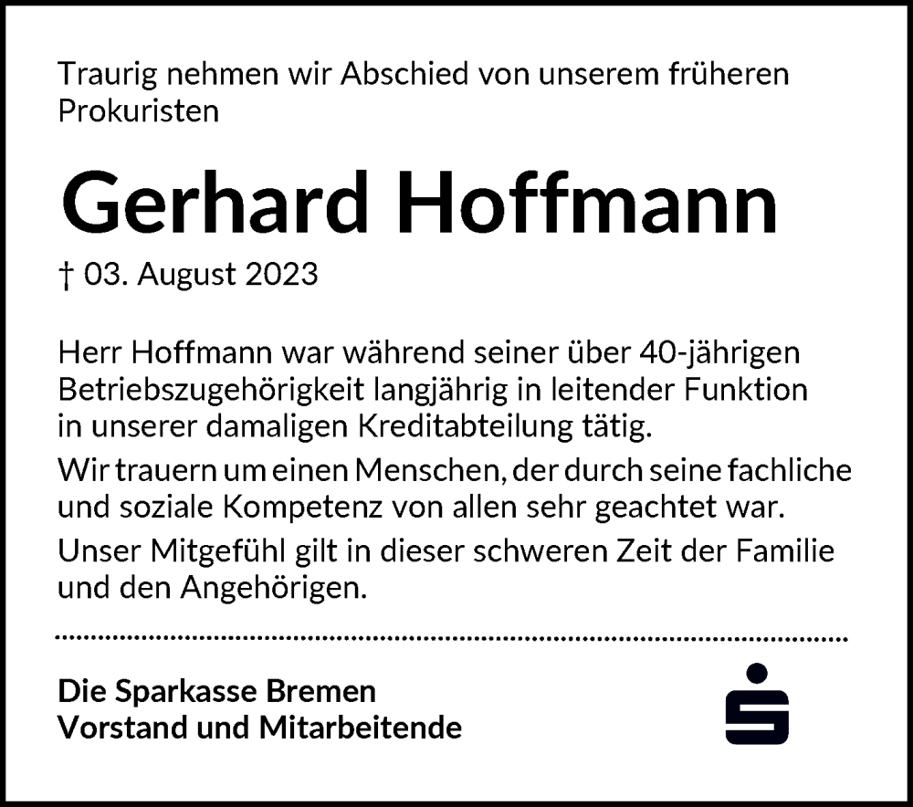 Traueranzeige von Gerhard Hoffmann von WESER-KURIER