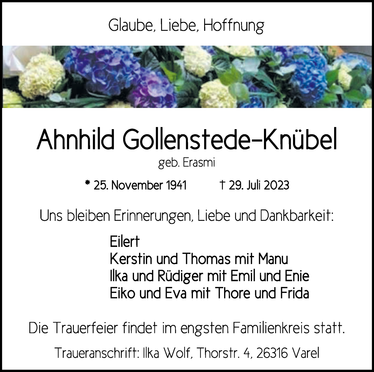 Traueranzeige von Ahnhild Gollenstede-Knübel von Die Norddeutsche