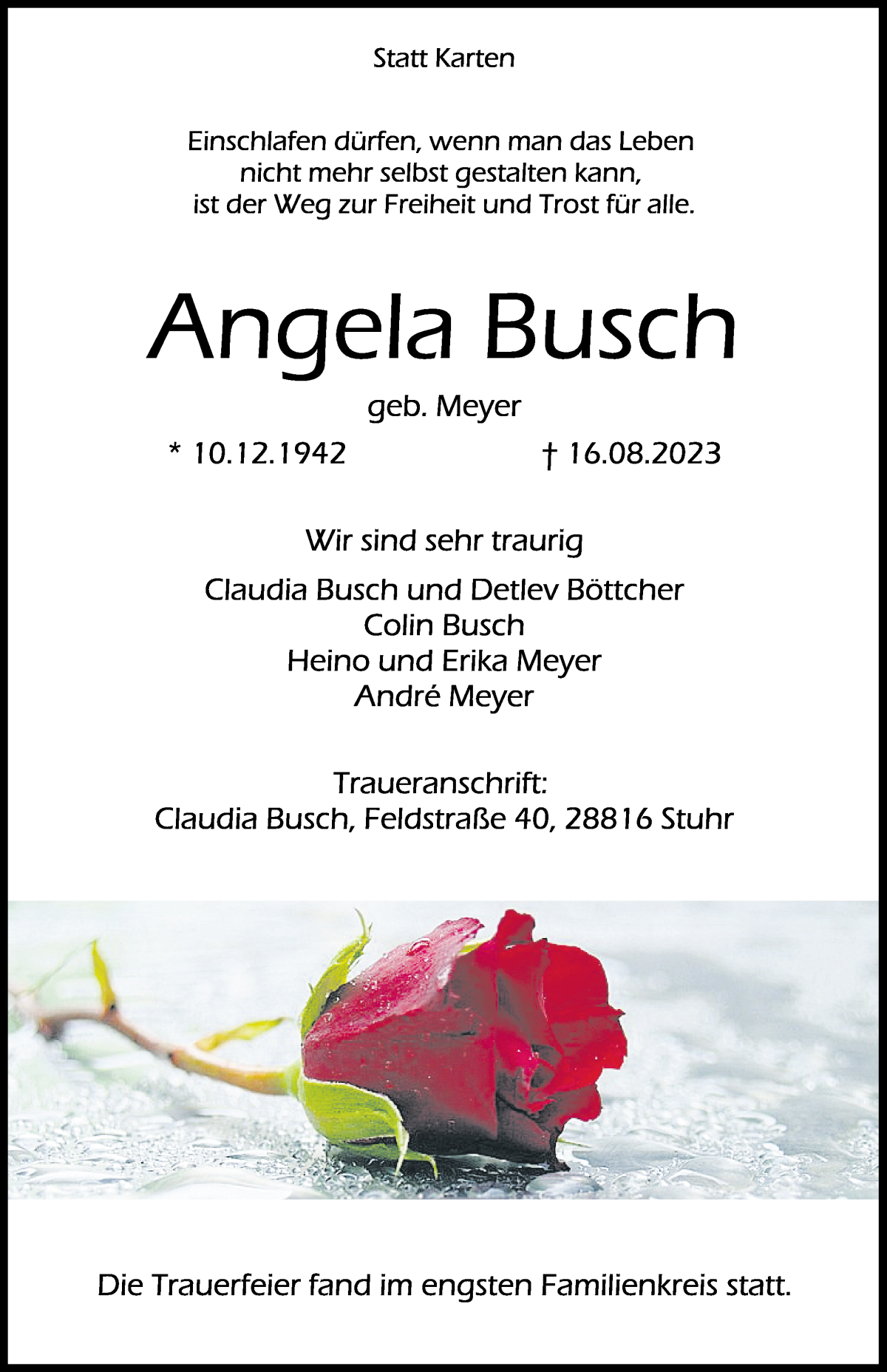 Traueranzeige von Angela Busch von Regionale Rundschau/Syker Kurier