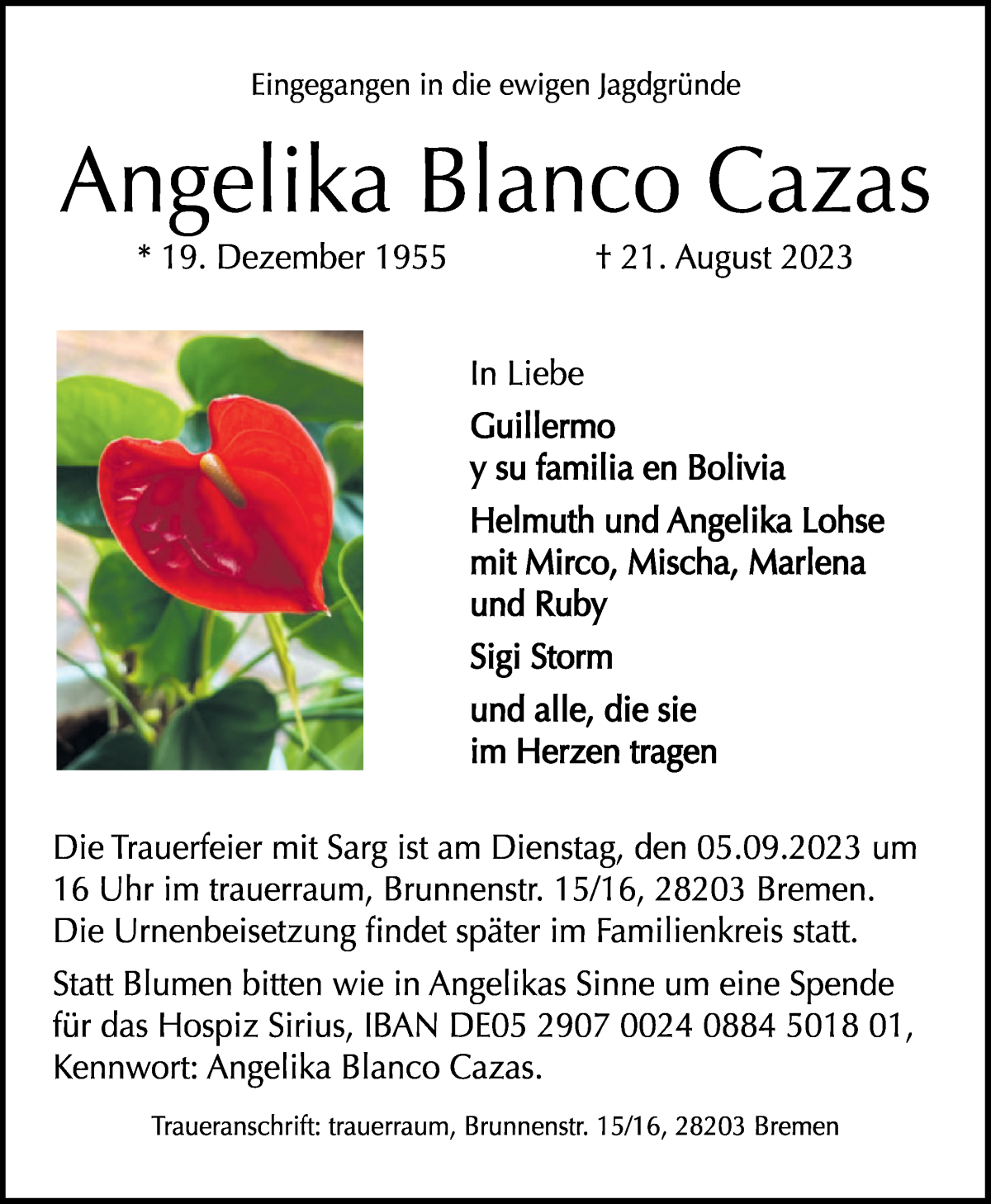 Traueranzeige von Angelika Blanco Cazas von WESER-KURIER