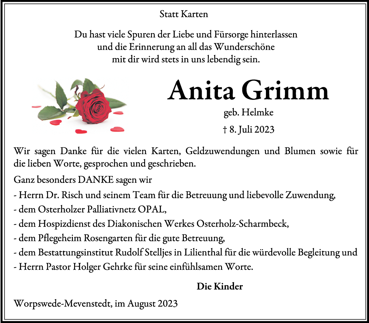 Traueranzeige von Anita Grimm von Wuemme Zeitung