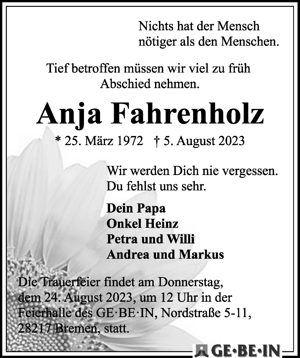 Traueranzeige von Anja Fahrenholz von WESER-KURIER