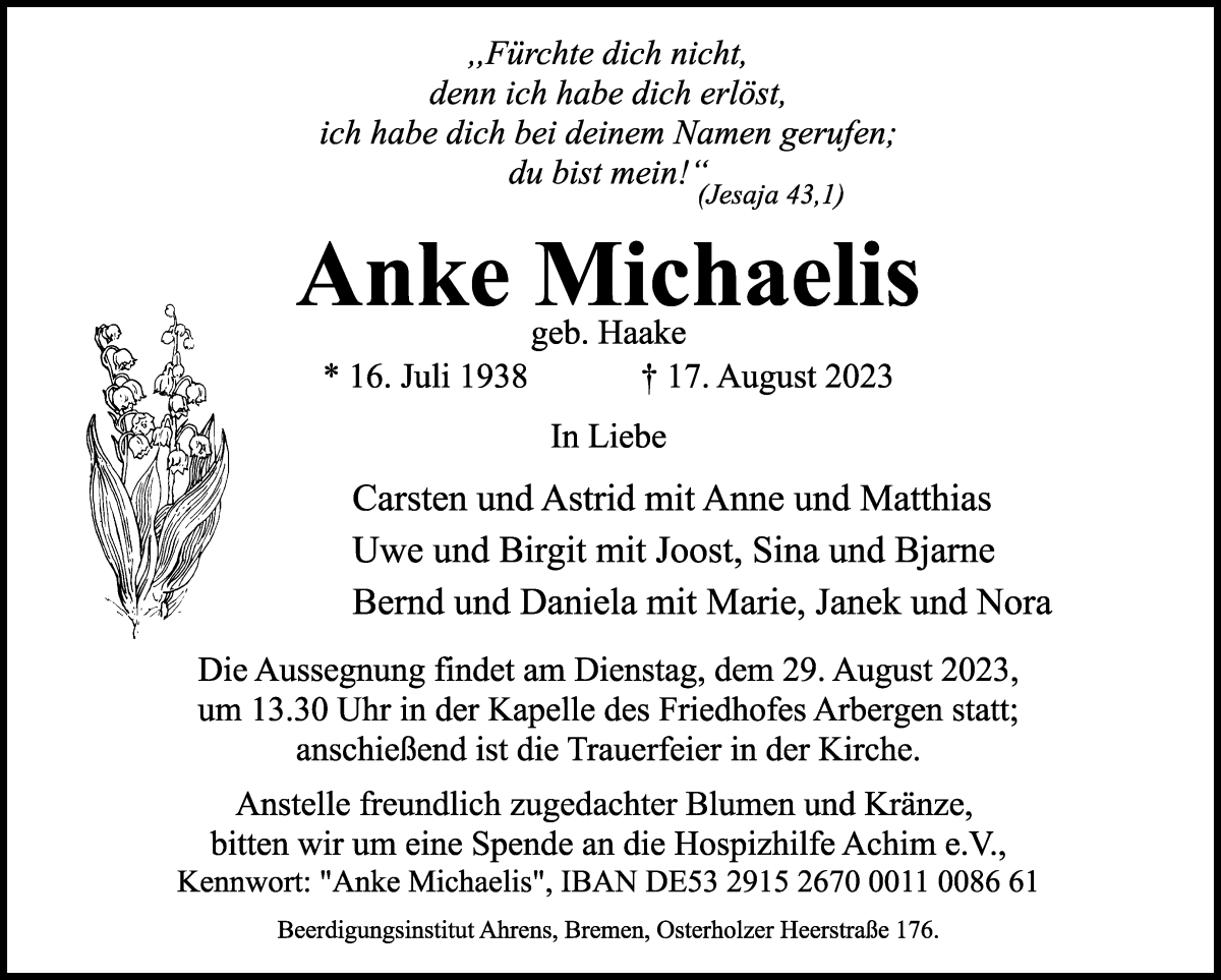 Traueranzeige von Anke Michaelis von WESER-KURIER