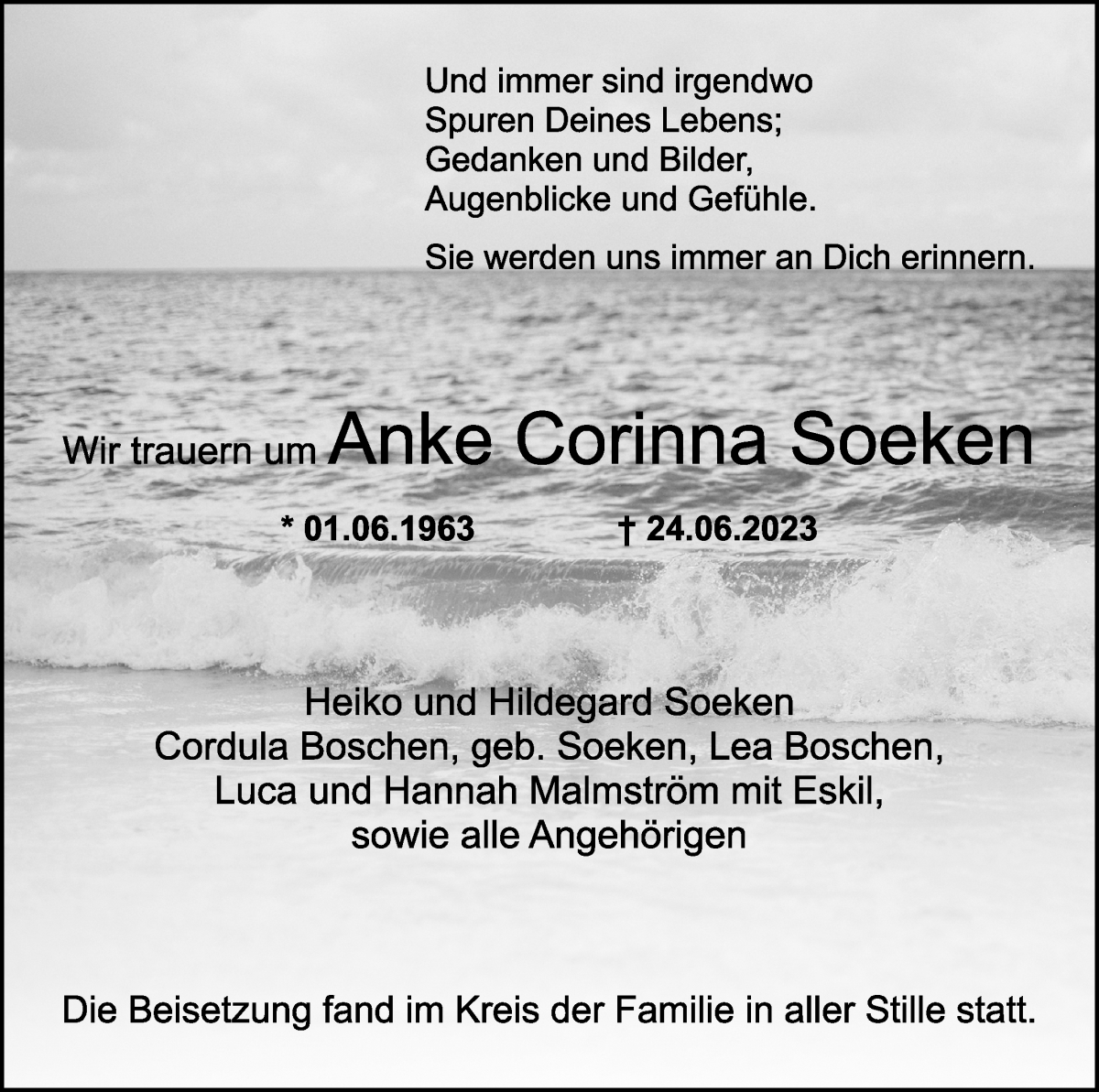 Traueranzeige von Anke Corinna Soeken von WESER-KURIER