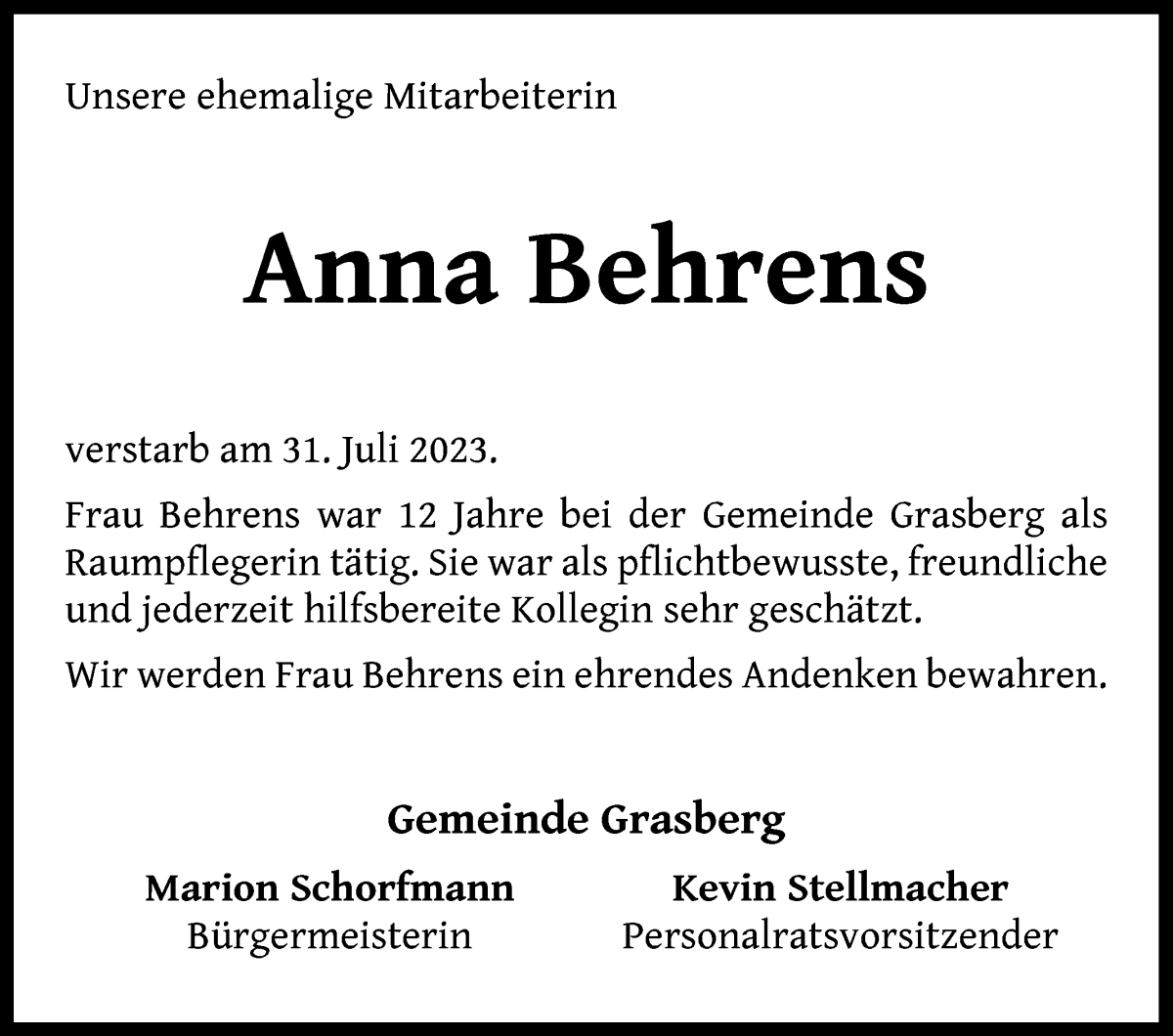 Traueranzeige von Anna Behrens von Wuemme Zeitung