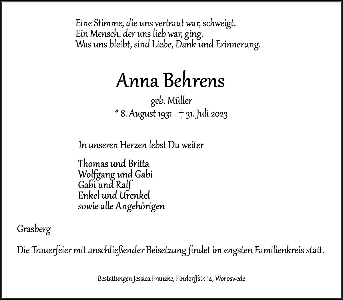 Traueranzeige von Anna Behrens von Wuemme Zeitung